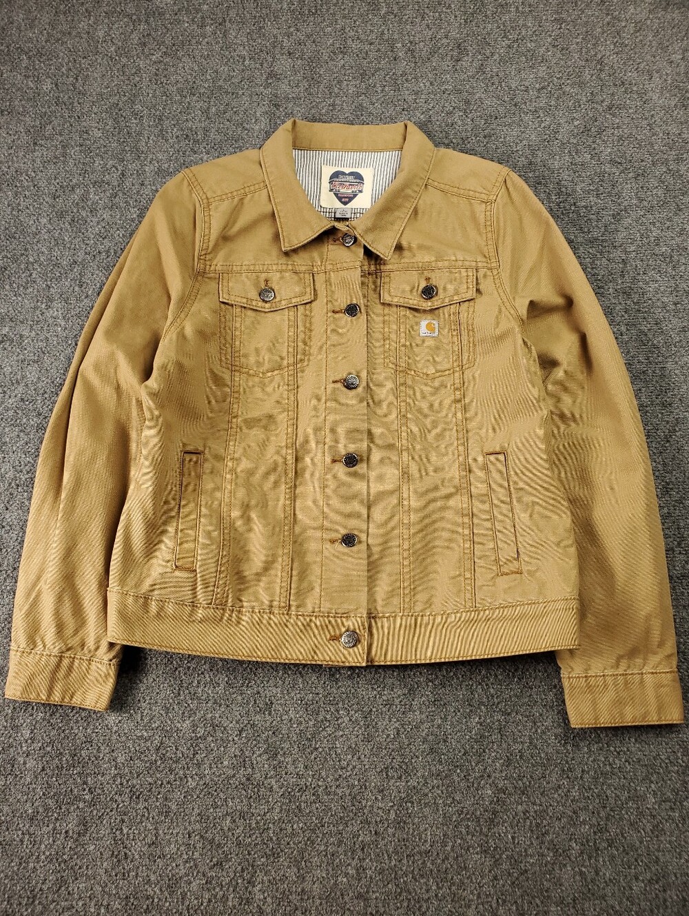 Carhartt Trucker Jacket Womens Large Tan Canvas Detroit Heart Heritage Logo